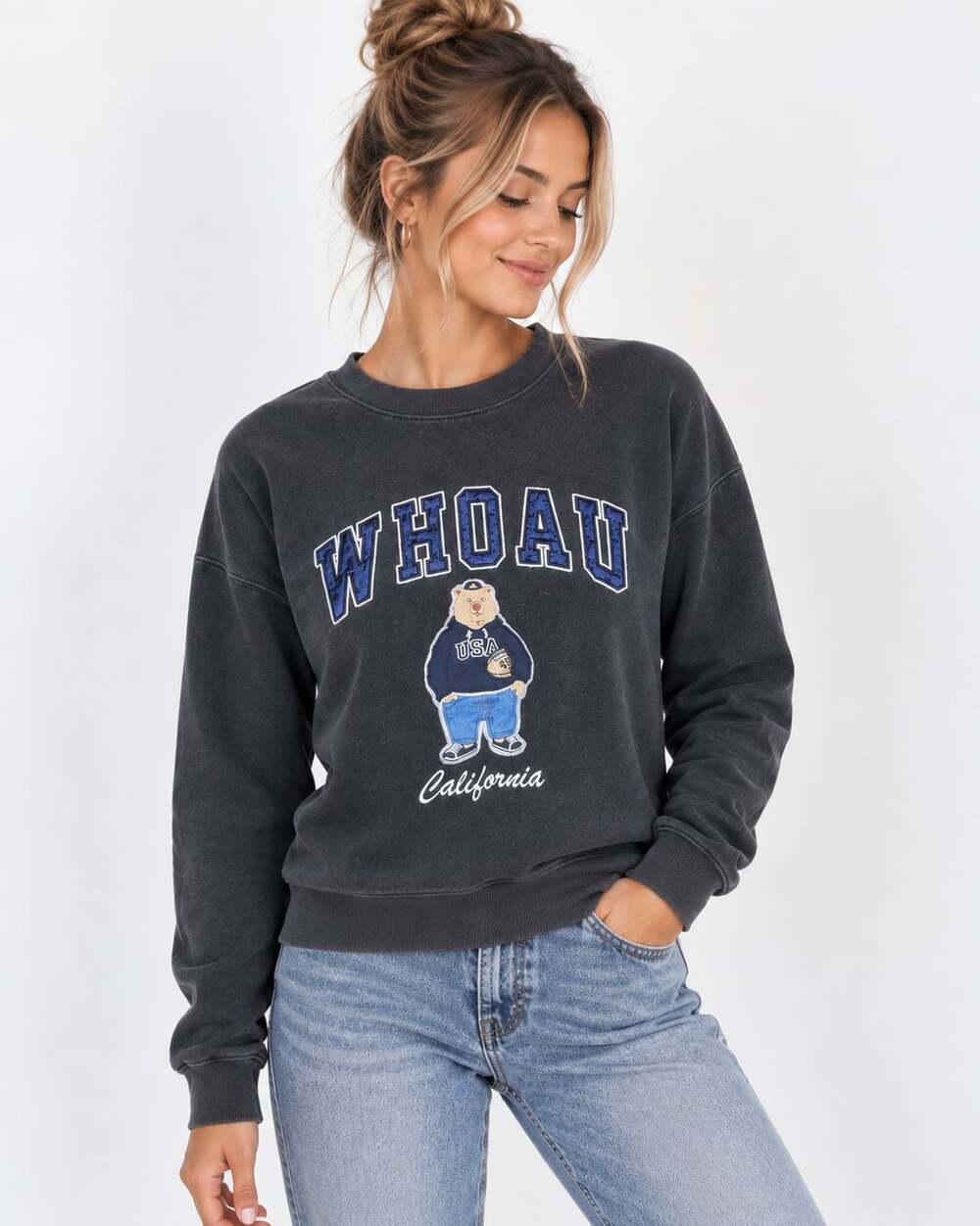 WHO.A.U California Spirit 1849 Teddy Bear Graphic Crewneck Sweatshirt
